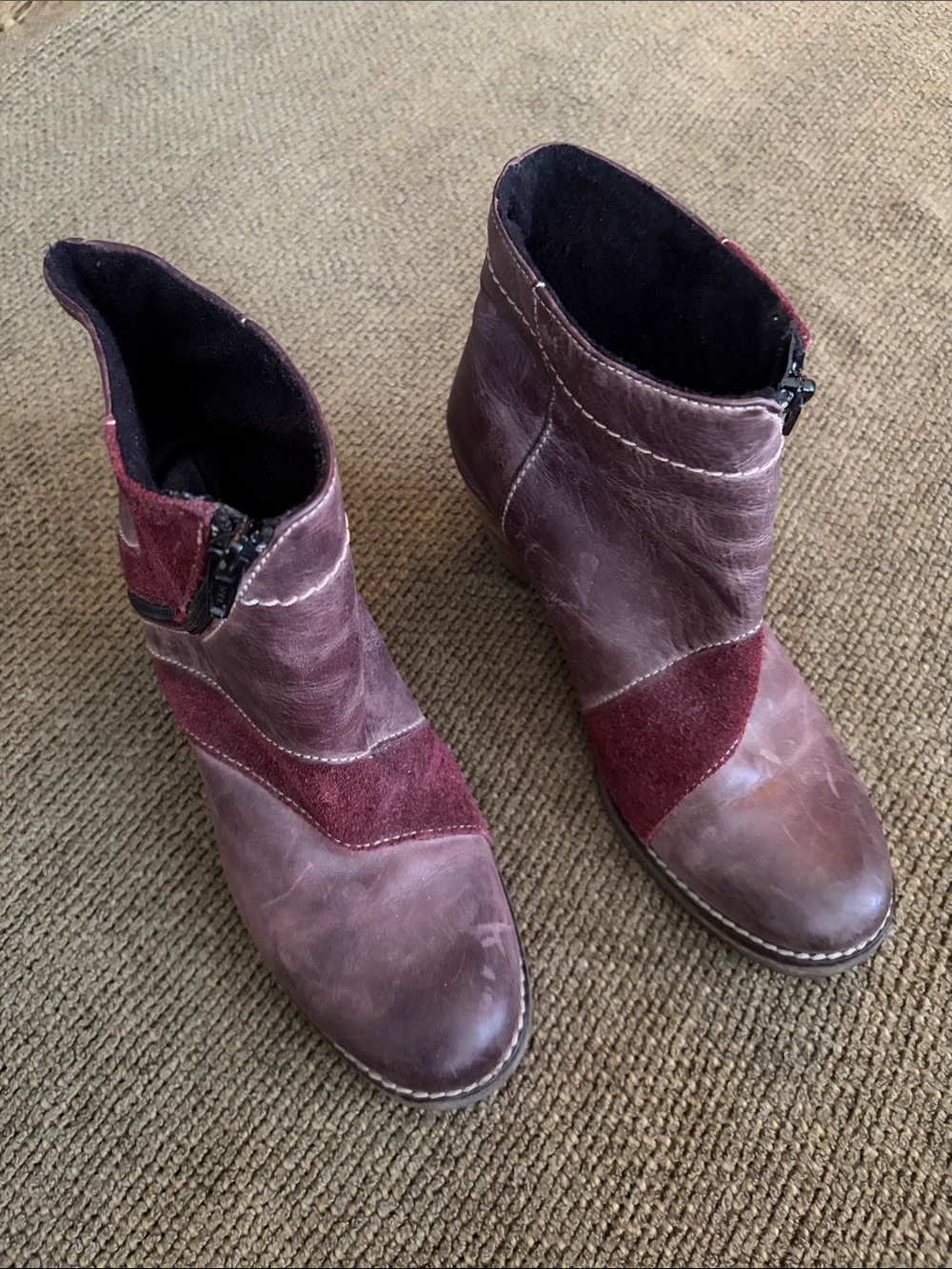 Women's Burgundy Leather and Suede Ankle Booties with Side Zip